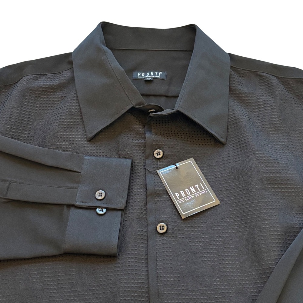 Pronti Button Down Shirt Mens 6XL Black Textured Long Sleeve Classic